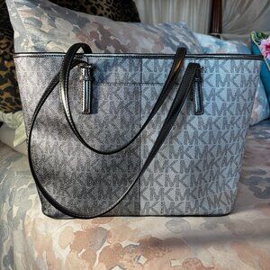 Michael Kors Medium Silver & Black Two-Tone Metallic Signature Logo Tote Bag